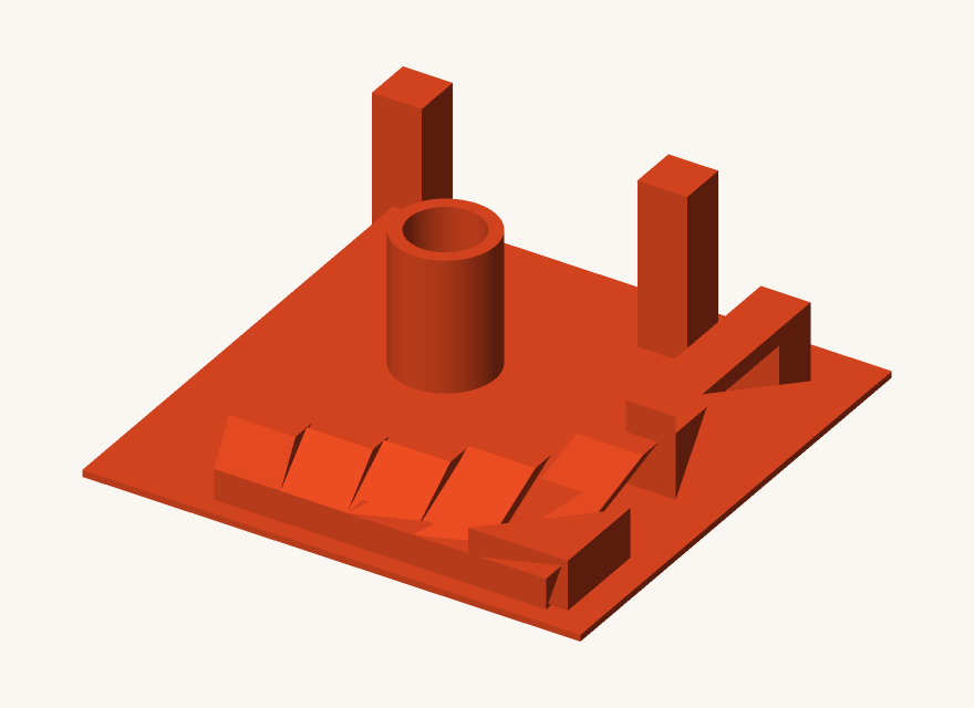 3D render of the test print: a thin 60 by 60 mm base plate with two stringing towers at the back, a hollow seam tube, an overhang fin with five increasingly steep segments at the front, a bridge and a solid top-surface block