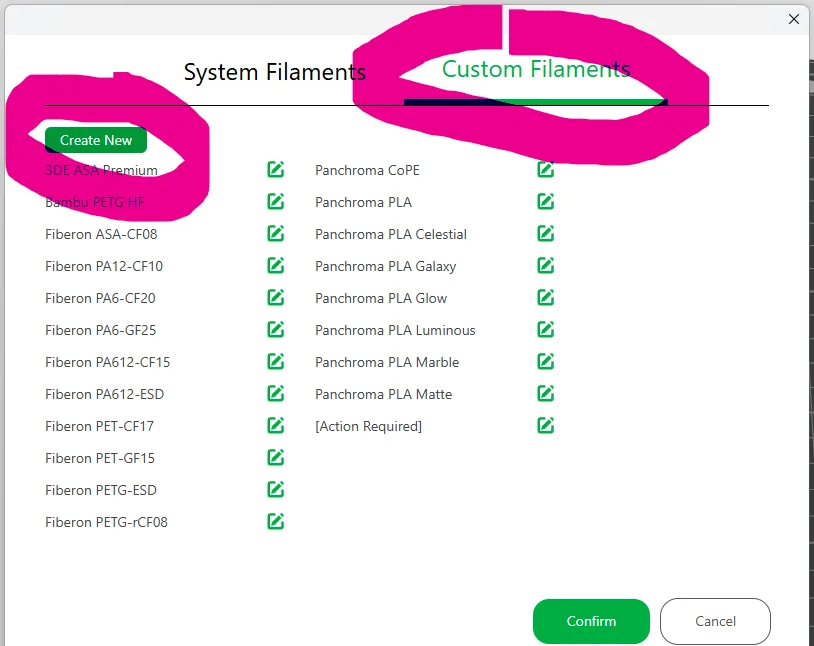The Custom Filaments tab in Bambu Studio with the Create New button highlighted