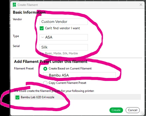 The Create Filament dialog with a custom vendor typed in, based on a current preset, and the printer nozzle checkbox ticked